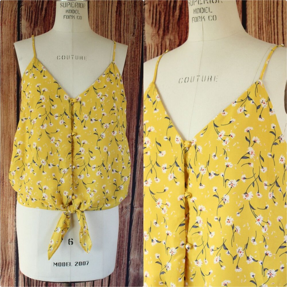 Sienna Sky Womens Top, Size Medium, Yellow Floral Tie-Front Sleeveless,